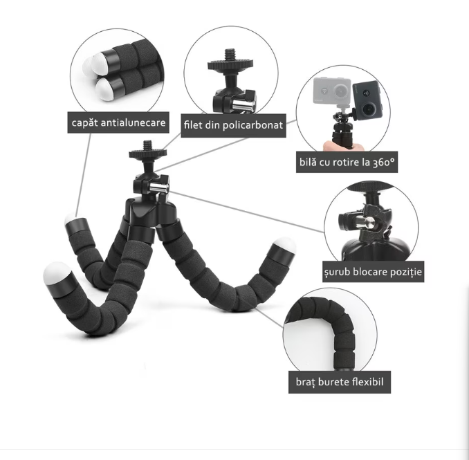 Trepied flexibil cu filet 1/4 pt camere Gopro , DJI , insta360 etc