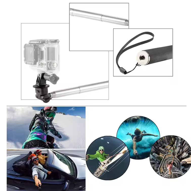 Selfie Stick 22cm - 99cm Negru cu Prindere Surub 1/4