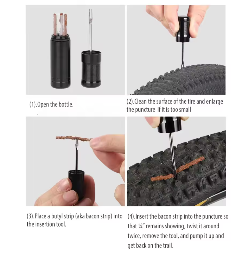 Set Kit de Reparatie Tubeless, cu Snur, pentru Biciclete de Sosea, MTB, Cross country, Trail, Enduro, Downhill, Universal, Motocicleta, Autoturism, Negru