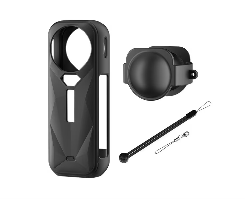 Husa de Protectie din silicon pentru camera video sport Insta 360 One X5, impreuna cu capac de protectie Lentila si Snur, Negru