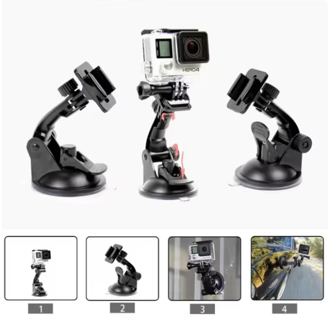Set Accesorii din 3 piese pentru Camere GoPro Hero, insta360, DJI Action, SjCam, Ventuza Parbriz, Clema de prindere quick-release, Surub de fixare, Universal